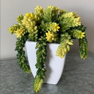 White ceramic vase with green & yellow Faux Floral